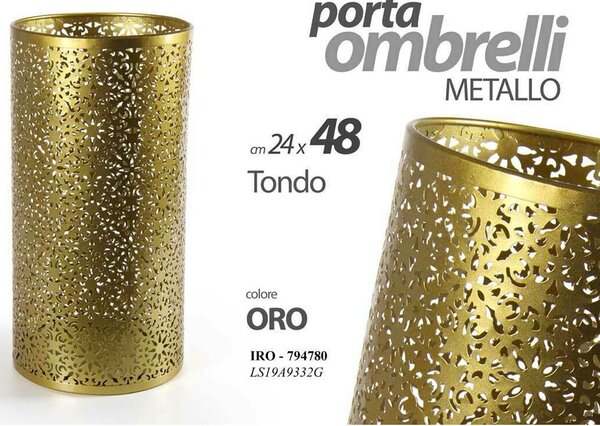 Portaombrelli Ø24x48 cm Design Moderno Rotondo Decorazione a Intarsi in Metallo Oro