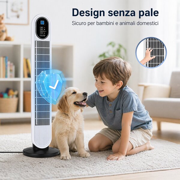 Ventilatore a Torre 60W Telecomando Raffrescatore Verticale Salvaspazio Bianco