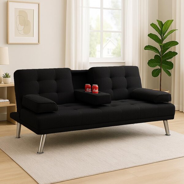 Divano Click-Clack 180x84x77 cm Convertibile in Letto 2in1 con Cuscini e Bracciolo con Portabibite in Tessuto Nero