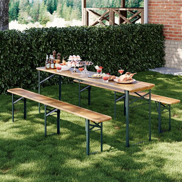 Set Birreria con 2 Panche e Tavolo Pieghevole 220x48x75 cm Panca Seduta Salvaspazio in Legno di Abete e Ferro Verde