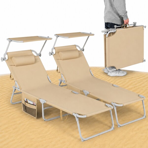 Set 2 Lettini Pieghevoli da Spiaggia Schienale Reclinabile 4 Posizioni con Parasole in Tessuto Oxford Ecru