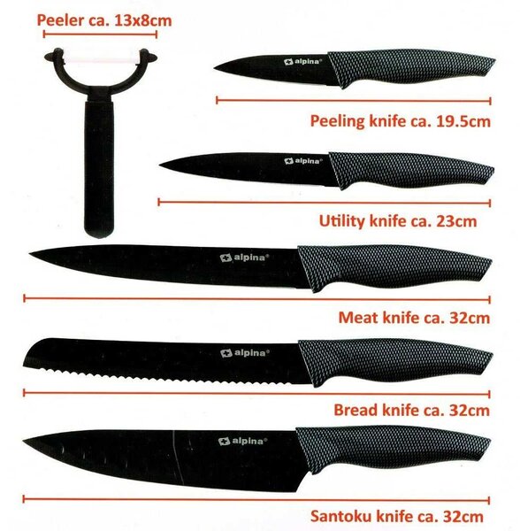 Set 6 Coltelli e Pelapatate Antiaderente per Carne e Pesce in Acciaio Inox Nero