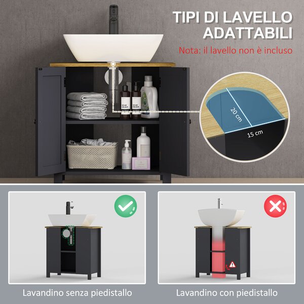 Kleankin Mobiletto Bagno Sottolavabo con Armatietto a 2 Ante e Ripiano Interno Regolabile, Grigio, 60x30x60cm | Aosom