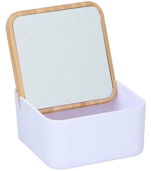 Portagioie con Specchio e Coperchio in Bambù Organizer per Trucco Bianco