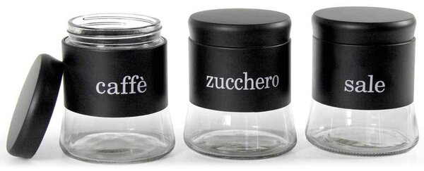 Set 3 Barattoli 11x14 cm Porta Caffe Zucchero Sale 750 ml Design Moderno in Vetro Nero