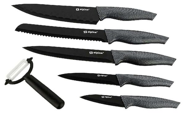 Set 6 Coltelli e Pelapatate Antiaderente per Carne e Pesce in Acciaio Inox Nero