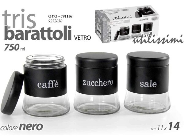 Set 3 Barattoli 11x14 cm Porta Caffe Zucchero Sale 750 ml Design Moderno in Vetro Nero