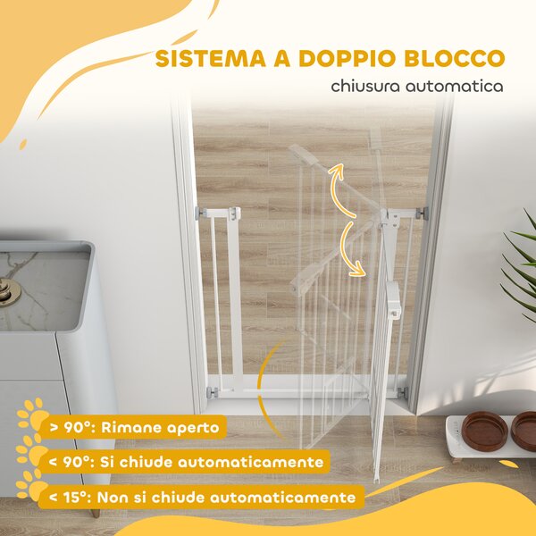 PawHut Cancelletto per Cani con Porta Piccola, Montaggio a Pressione e Chiusura Automatica, 74-80x91.4cm, Bianco