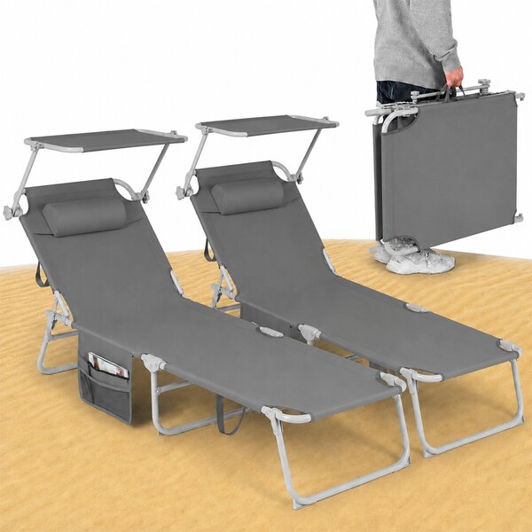 Set 2 Lettini Pieghevoli da Spiaggia Schienale Reclinabile 4 Posizioni con Parasole in Tessuto Oxford Grigio
