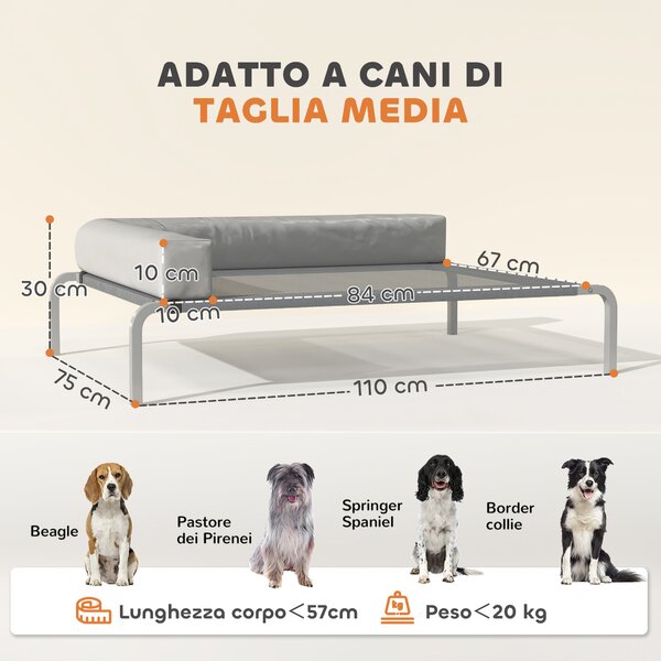 PawHut Lettino per Cani Rialzato di 20 cm con Cuscino a L, in Poliestere e Acciaio, 110x75x30 cm, Grigio e Argento | Aosom Italy