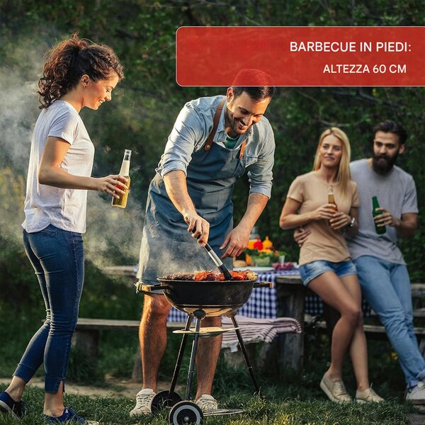 Barbecue a Carbone Griglia Ø43 cm con Valvola di Ventilazione e Ruote in Acciaio Nero