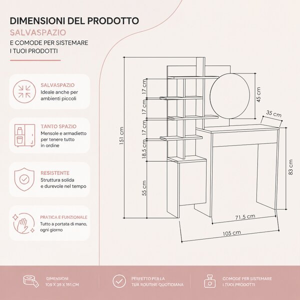 Postazione Make Up 105x35x151 cm Tolette con Mensole e Specchio Rotondo Sabbia