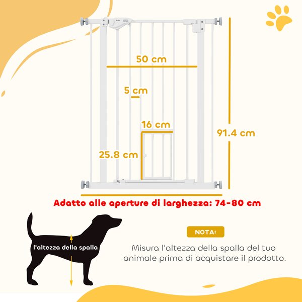 PawHut Cancelletto per Cani con Porta Piccola, Montaggio a Pressione e Chiusura Automatica, 74-80x91.4cm, Bianco