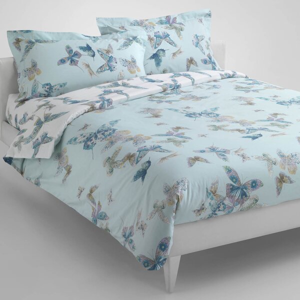 Completo Copripiumino In Percalle Butterfly Singolo - 155X255 90X205 + 1 Federa 50X80 Emporium Moderno Blu Caleffi