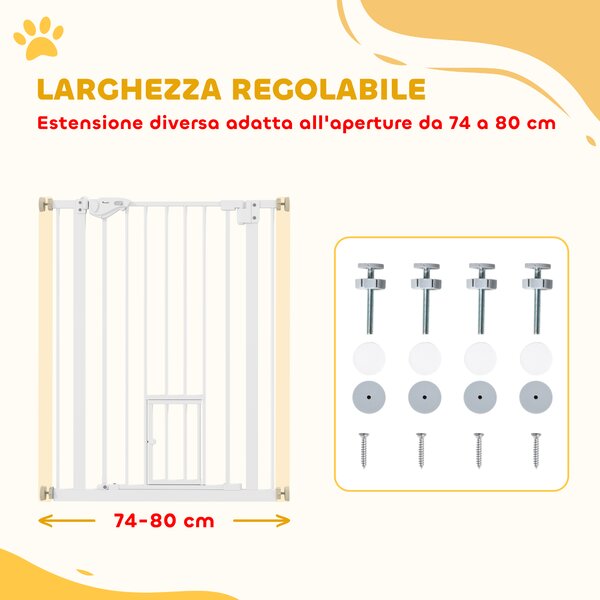 PawHut Cancelletto per Cani con Porta Piccola, Montaggio a Pressione e Chiusura Automatica, 74-80x91.4cm, Bianco