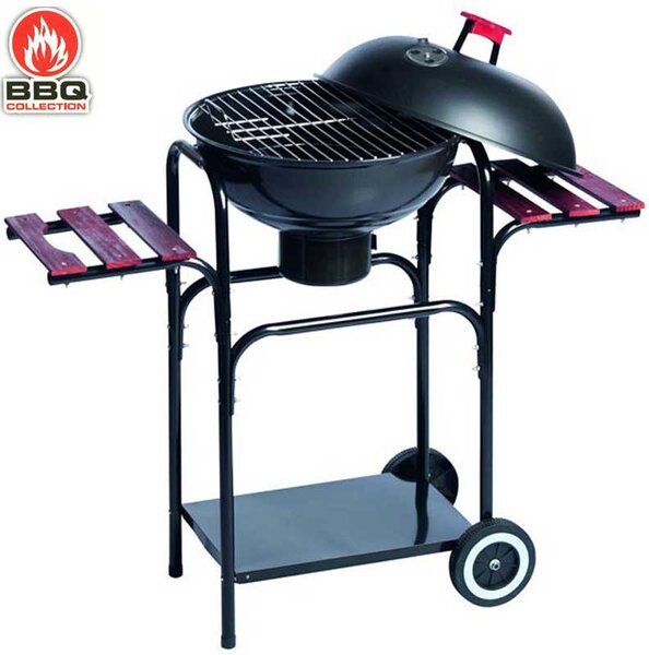 Barbecue a Carbone 102x46x95 cm con Coperchio e Griglia 46 cm con Ripiani in Legno Struttura in Acciaio Nero