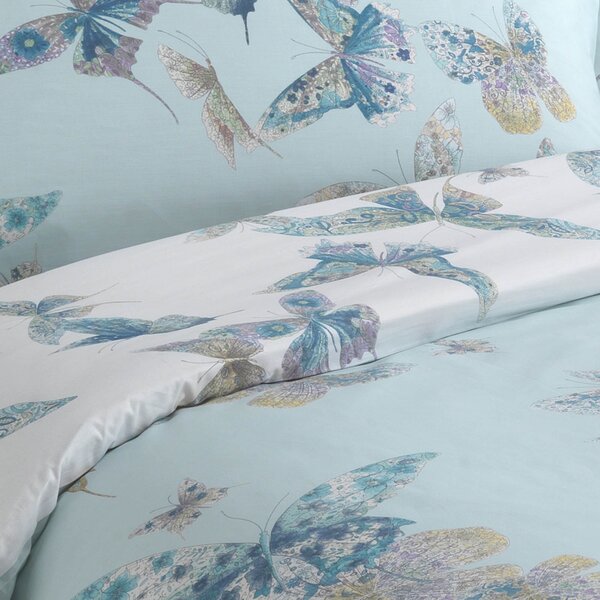 Completo Copripiumino In Percalle Butterfly Singolo - 155X255 90X205 + 1 Federa 50X80 Emporium Moderno Blu Caleffi