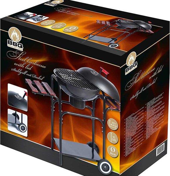 Barbecue a Carbone 102x46x95 cm con Coperchio e Griglia 46 cm con Ripiani in Legno Struttura in Acciaio Nero