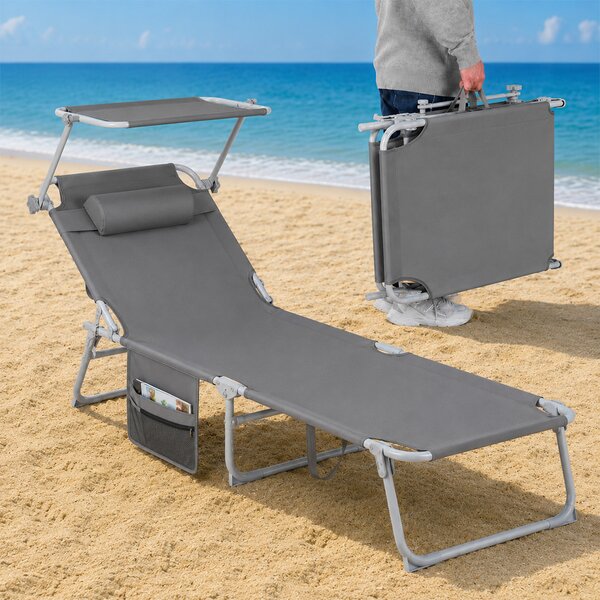 Lettino Pieghevole da Spiaggia Schienale Reclinabile 4 Posizioni con Parasole in Tessuto Oxford Grigio