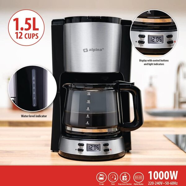 Macchina da Caffè 1000 W Caffettiera con Filtro Caraffa da 1,5 Litri 12 Tazzine Nero