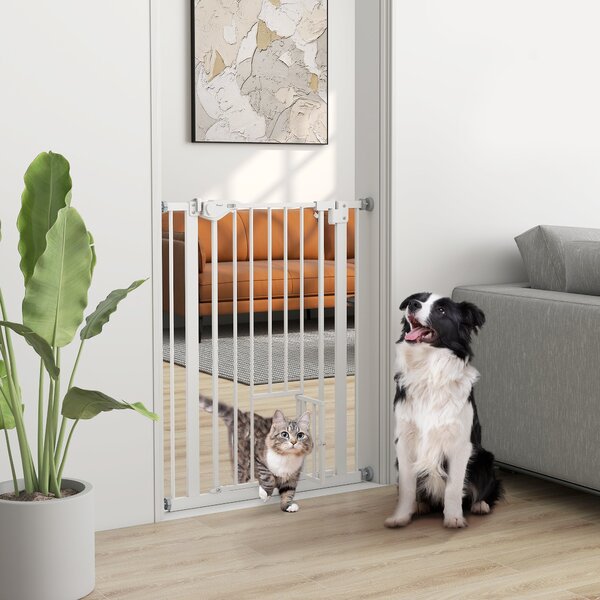 PawHut Cancelletto per Cani con Porta Piccola, Montaggio a Pressione e Chiusura Automatica, 74-80x91.4cm, Bianco
