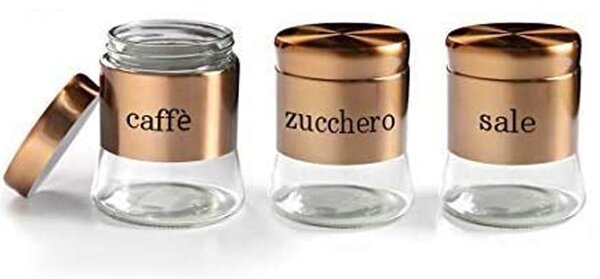 Set 3 Barattoli 750 ml Porta Caffe Zucchero Sale Ø11x14 cm in Acciaio e Vetro Rame