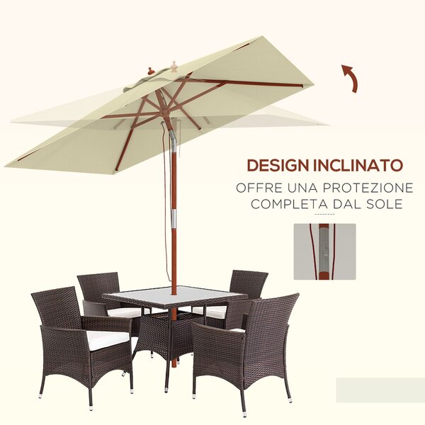 Outsunny Ombrellone Rettangolare Inclinabile 2x1.5 m con 6 Stecche e Apertura a Corda, in Bambù e Poliestere Beige