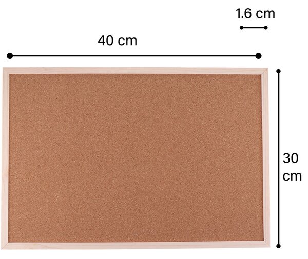 Bacheca Rettangolare 40x30x1,6 cm con Cornice in Legno da Parete in Sughero