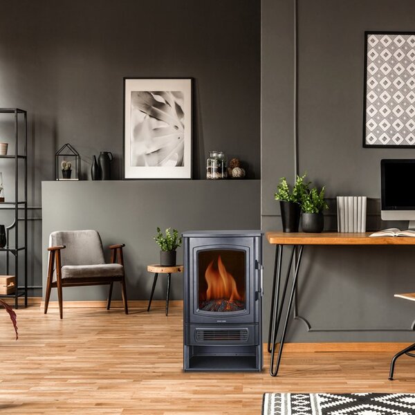 Stufa Elettrica da Pavimento 2000 W con Riscaldamento Effetto Fiamma LED e Termostato in Metallo Nero