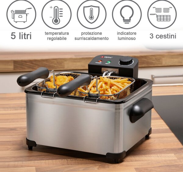 Friggitrice 2 Cestini da Cucina 2000 W Capacità 5 Litri e Temperatura Regolabile Nero e Argento