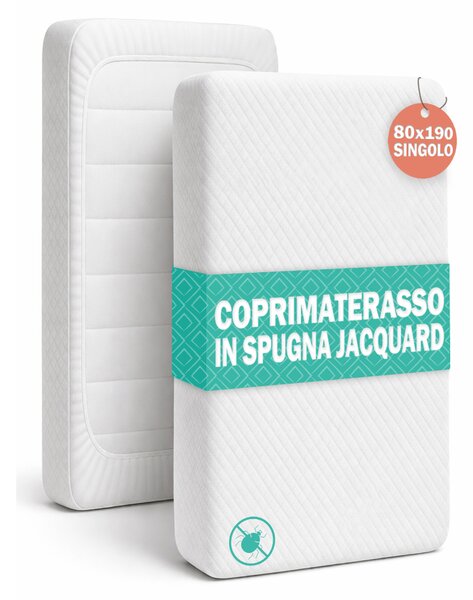 Coprimaterasso Singolo 80x190x27cm in Spugna Jacquard con Elastico Anti Acaro Bianco