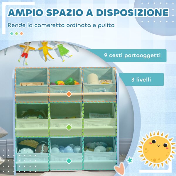ZONEKIZ Mobiletto Portagiochi con 9 Cestini Rimovibili in MDF e Tessuto, 63x30x60cm, Azzurro | Aosom Italy