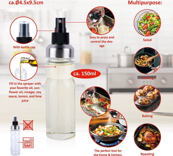 Spruzzino Dosatore Spray per Olio da Cucina Capienza 150ml in Acciaio e Vetro