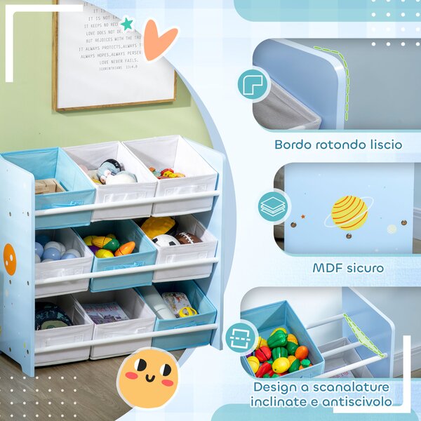 ZONEKIZ Mobiletto Portagiochi con 9 Cestini Rimovibili in MDF e Tessuto, 63x30x60cm, Azzurro | Aosom Italy
