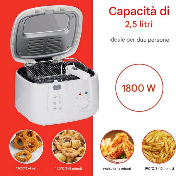 Friggitrice 2,5 Litri con Termostato Regolabile 1800W Coperchio e Maniglia Pieghevole Bianco