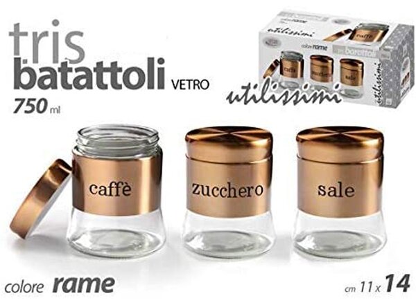 Set 3 Barattoli 750 ml Porta Caffe Zucchero Sale Ø11x14 cm in Acciaio e Vetro Rame
