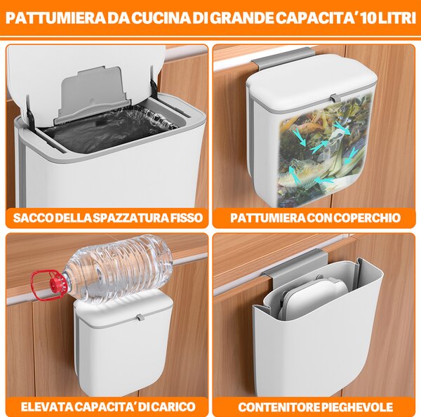 Pattumiera Cucina 10L da Appendere 28x8,5x29,5 cm Salvaspazio con Coperchio a Doppia Apertura in PP Bianco