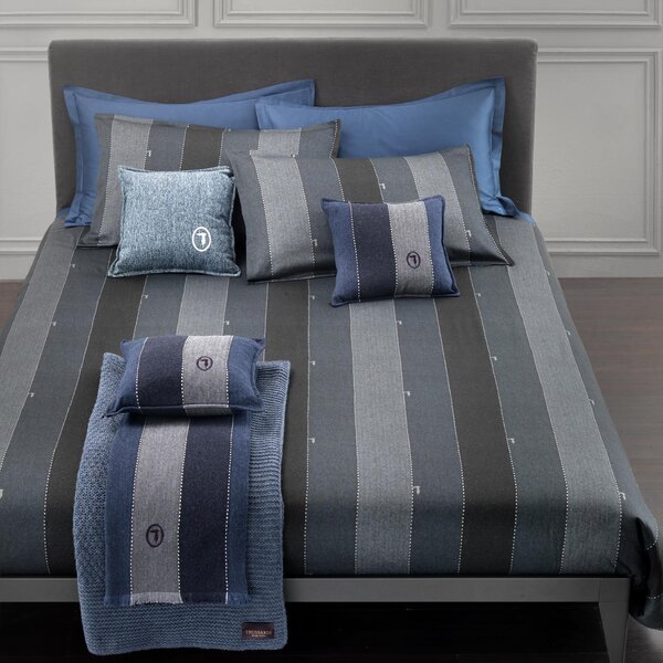 Completo Copripiumino In Raso Di Cotone New-tweed Matrimoniale - 255X255 175X205 + 2 Federe 50X80 Trussardi Geometrico Blu Caleffi