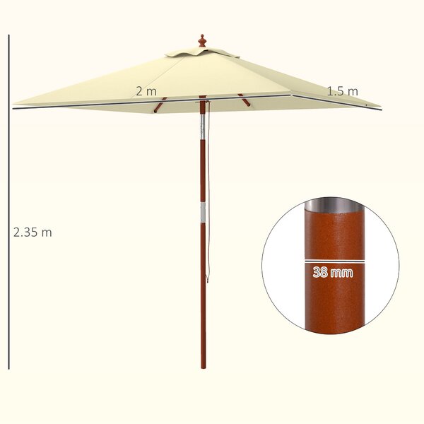 Outsunny Ombrellone Rettangolare Inclinabile 2x1.5 m con 6 Stecche e Apertura a Corda, in Bambù e Poliestere Beige