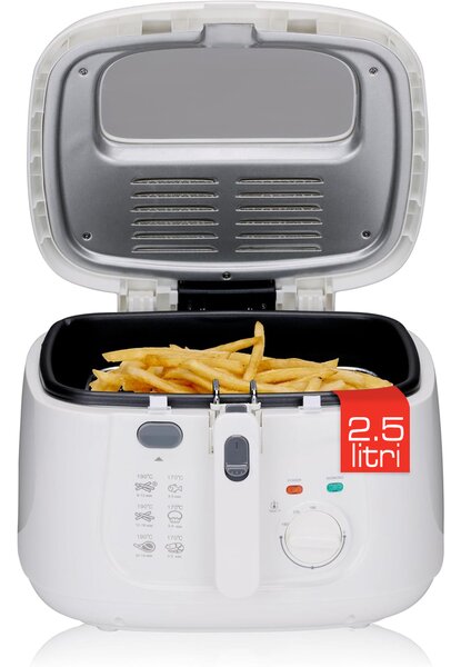 Friggitrice 2,5 Litri con Termostato Regolabile 1800W Coperchio e Maniglia Pieghevole Bianco