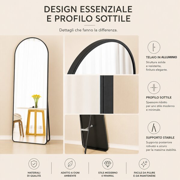 Specchio ad Arco da Terra e Parete 155x45 cm a Figura Intera in Alluminio Nero