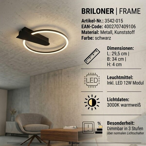 Plafoniera LED Briloner Nico 12 W 980 lm 3000 K nero