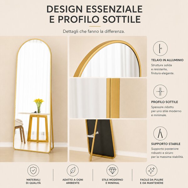 Specchio ad Arco da Terra e Parete 155x45 cm a Figura Intera in Alluminio Oro