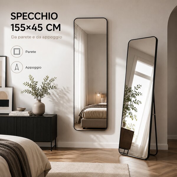Specchio da Terra e da Muro Rettangolare 155x45 cm a Figura Intera in Alluminio Nero