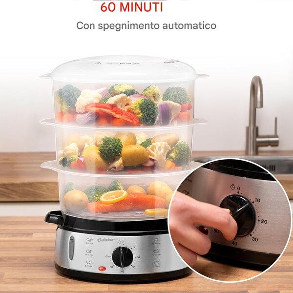 Vaporiera Elettrica Pentola a Vapore 800W a 3 Strati Capacità 9 L con Timer Bianco