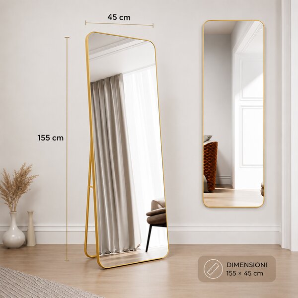 Specchio da Terra e da Muro Rettangolare 155x45 cm Struttura in Alluminio Oro
