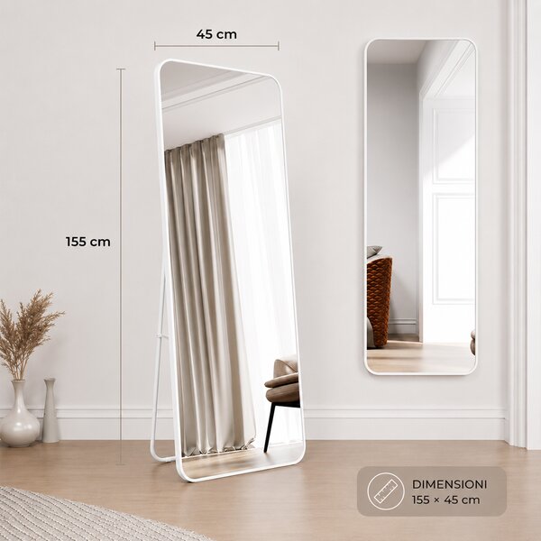 Specchio da Terra e da Muro Rettangolare 155x45 cm Struttura in Alluminio Bianco