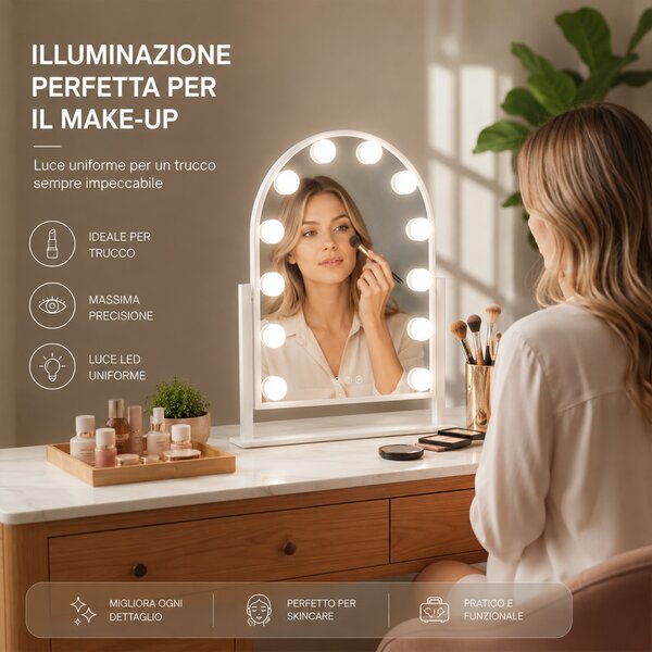 Specchio ad Arco da Tavolo 30x40 cm Struttura e LED a Bulbi 3 Colori in Alluminio Bianco