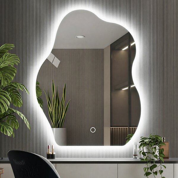 Specchio Forma Ondulata da Parete 50x70cm con LED 3 Colori Accensione Touch