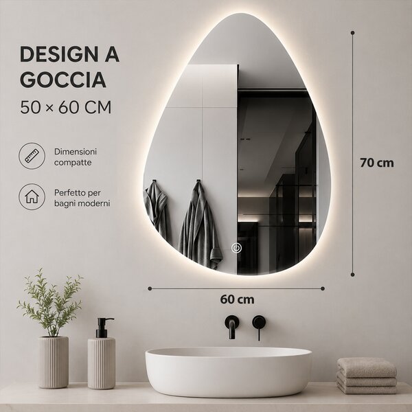Specchio a Goccia 60x70 cm LED a 3 Colori Dimmerabile Accensione Touch